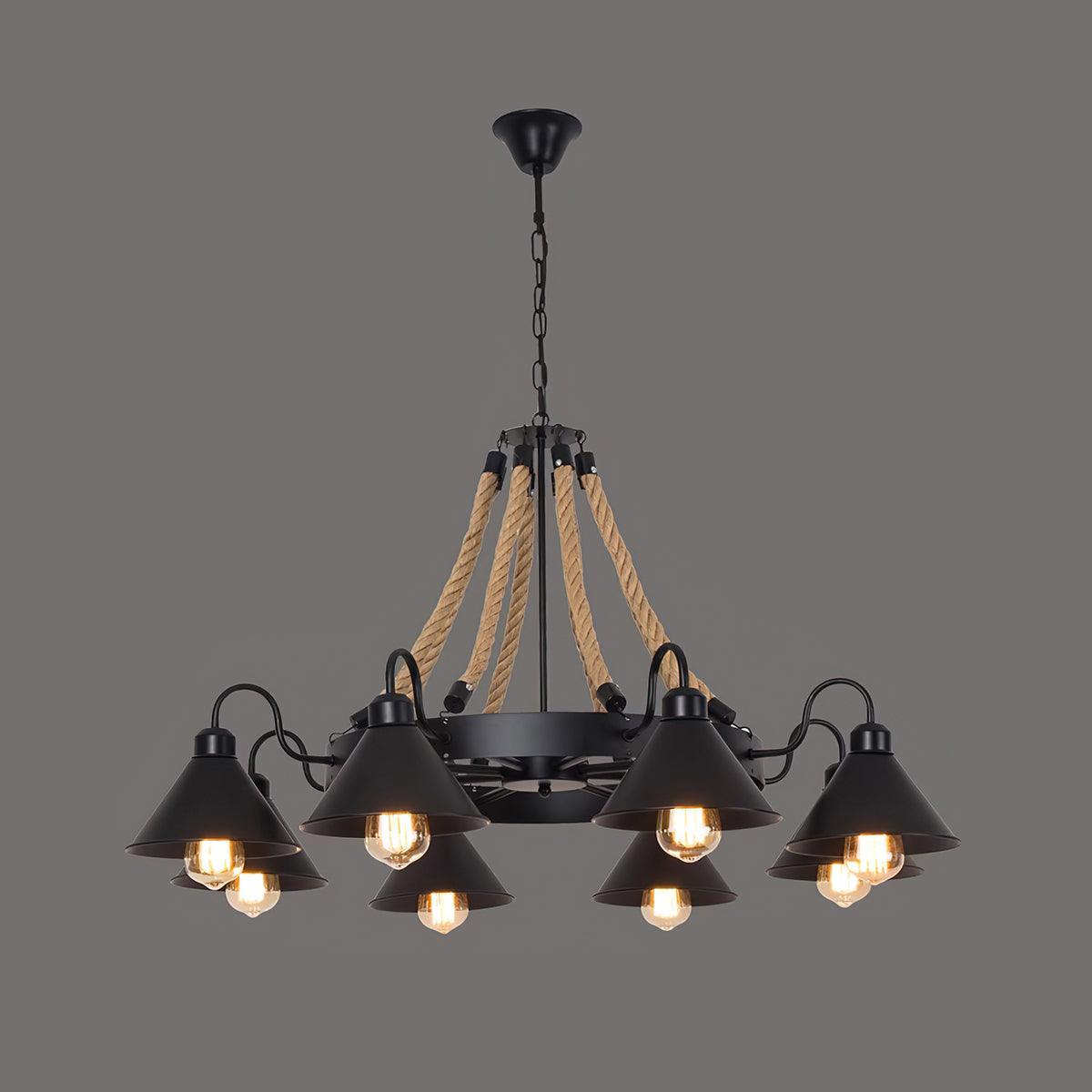 Vintage Rustic Iron Horn Chandelier with Natural Hemp Rope Industrial Ceiling Light