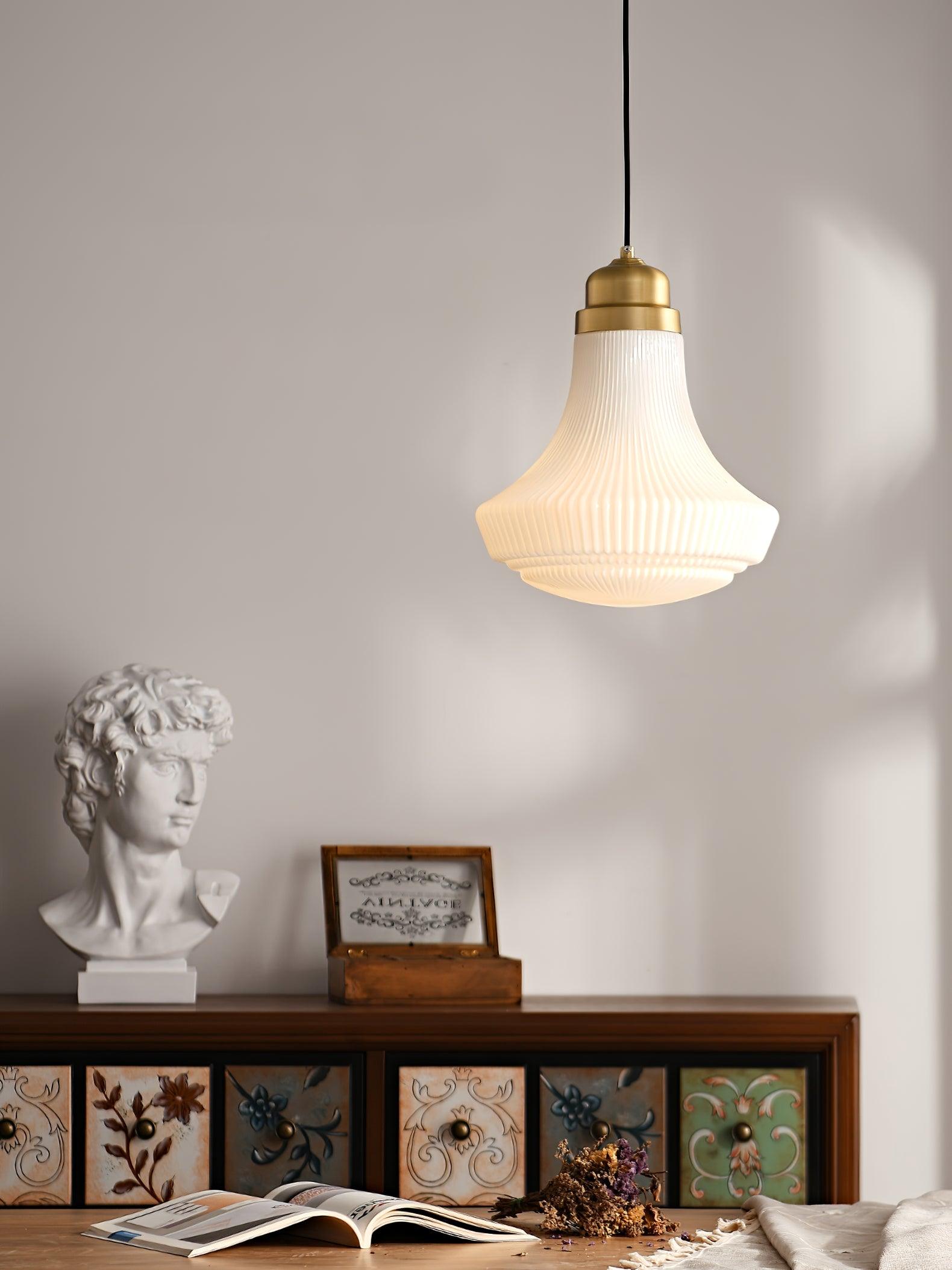 Vintage Schoolhouse Style Brass and White Glass Droplight Pendant for Indoor Lighting