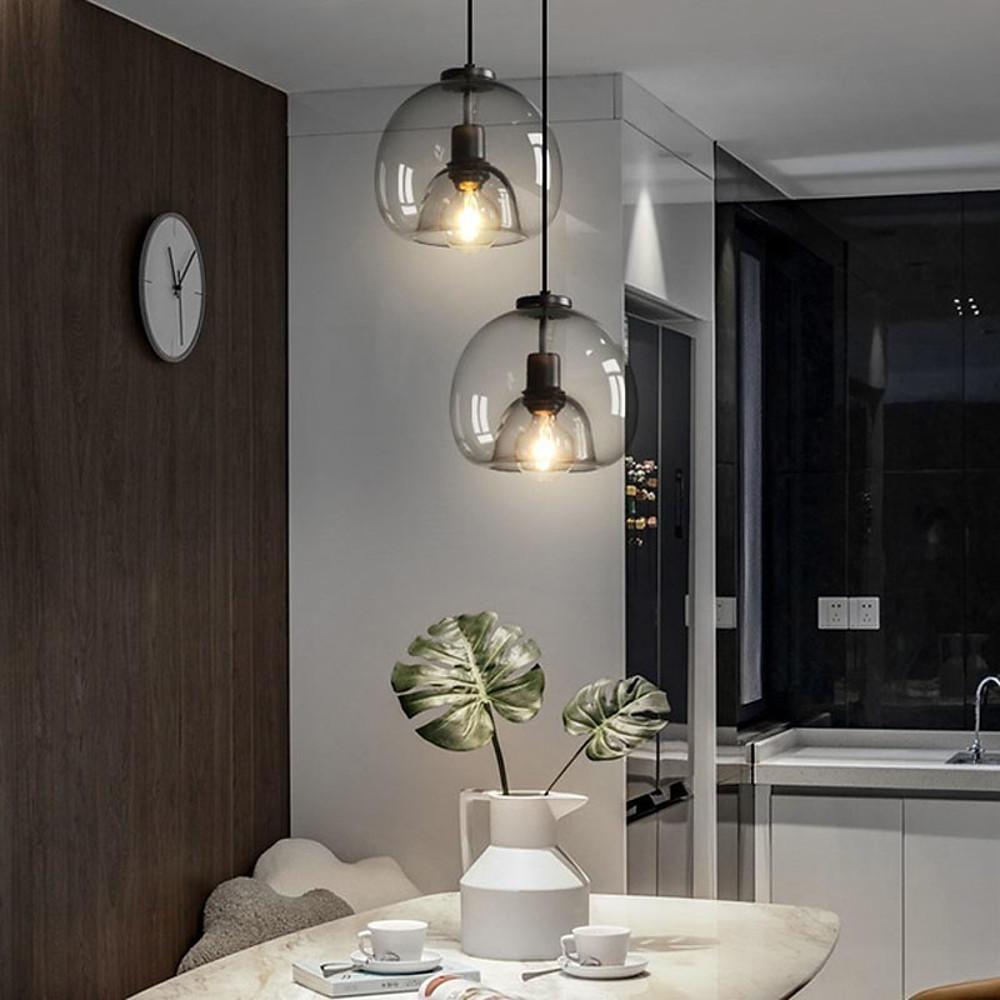 Vintage Smoked Round Glass Hanging Light Industrial Metal Pendant Lamp for Dining Room