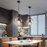 Vintage Smoked Round Glass Hanging Light Industrial Metal Pendant Lamp for Dining Room