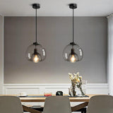 Vintage Smoked Round Glass Hanging Light Industrial Metal Pendant Lamp for Dining Room