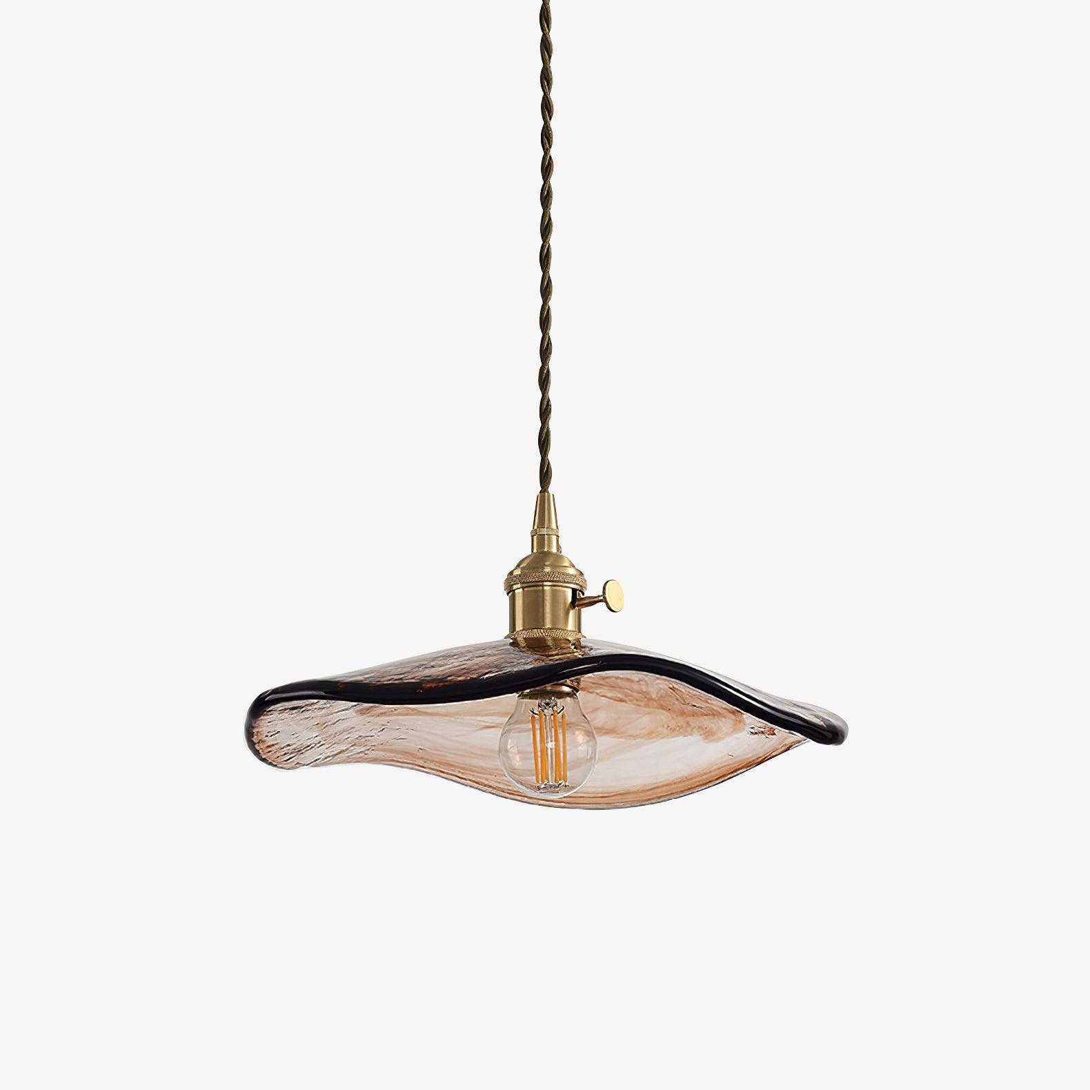 Vintage Style Brown Glass Flower Petal Hanging Light Fixture with Brass Accents