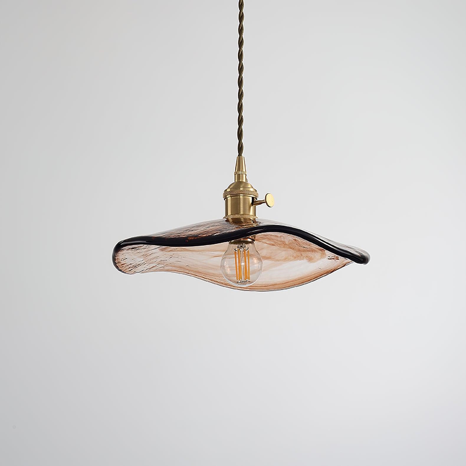 Vintage Style Brown Glass Flower Petal Hanging Light Fixture with Brass Accents