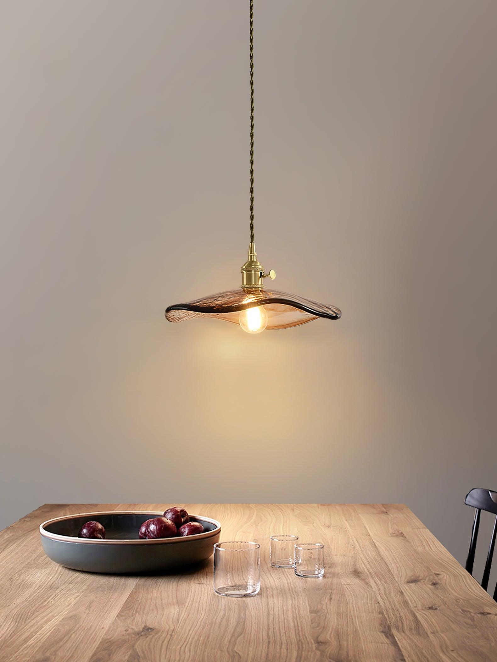 Vintage Style Brown Glass Flower Petal Hanging Light Fixture with Brass Accents