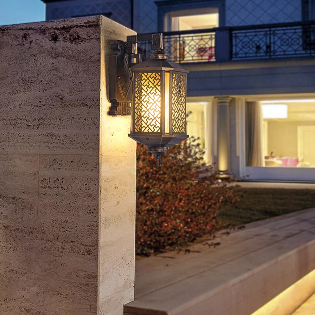 Vintage Style Copper Outdoor Wall Lantern Waterproof IP54 Exterior Light with Classical Hollow Pattern