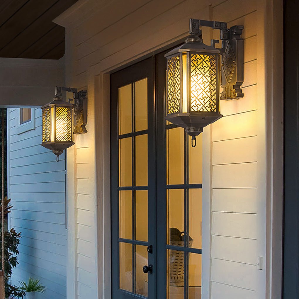 Vintage Style Copper Outdoor Wall Lantern Waterproof IP54 Exterior Light with Classical Hollow Pattern