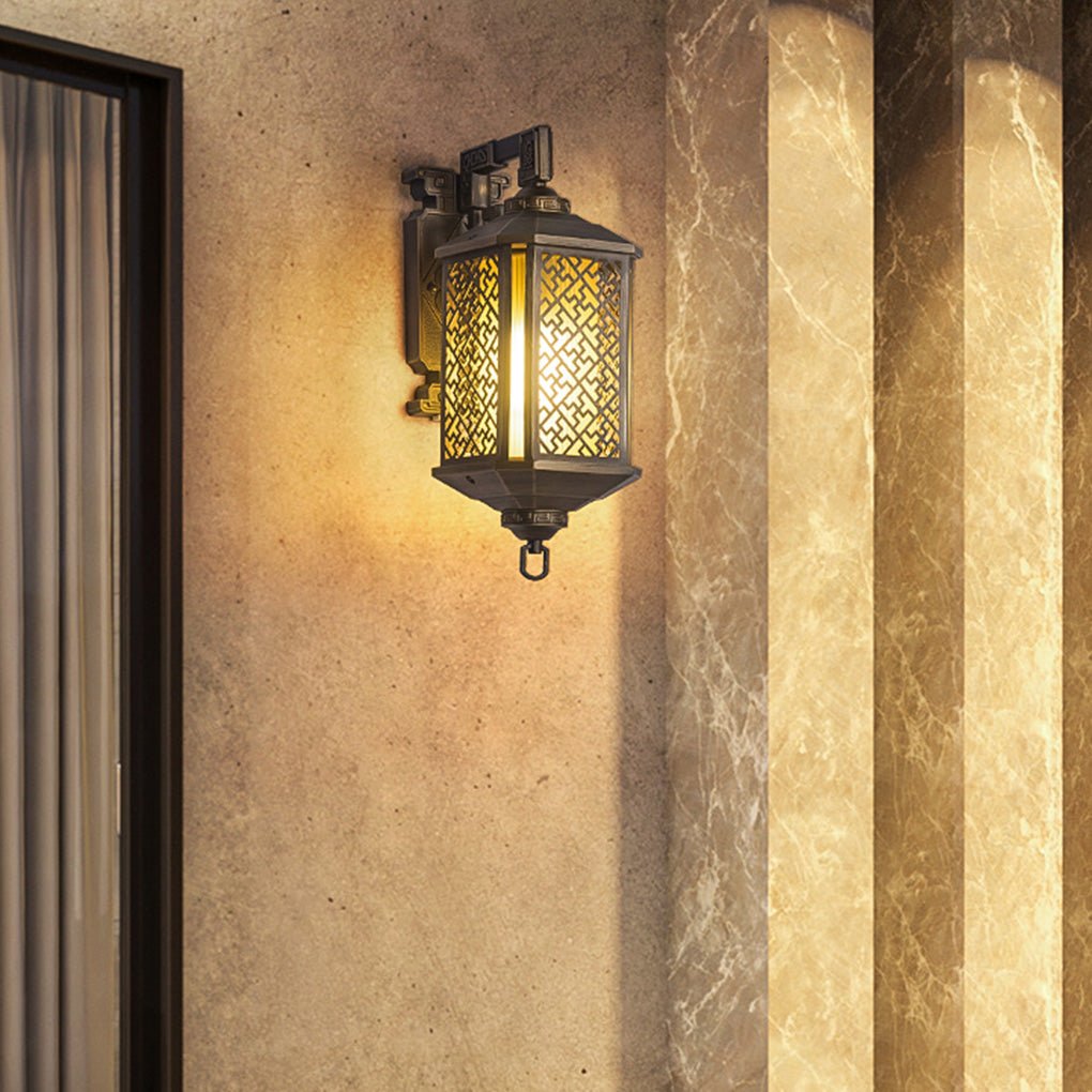 Vintage Style Copper Outdoor Wall Lantern Waterproof IP54 Exterior Light with Classical Hollow Pattern