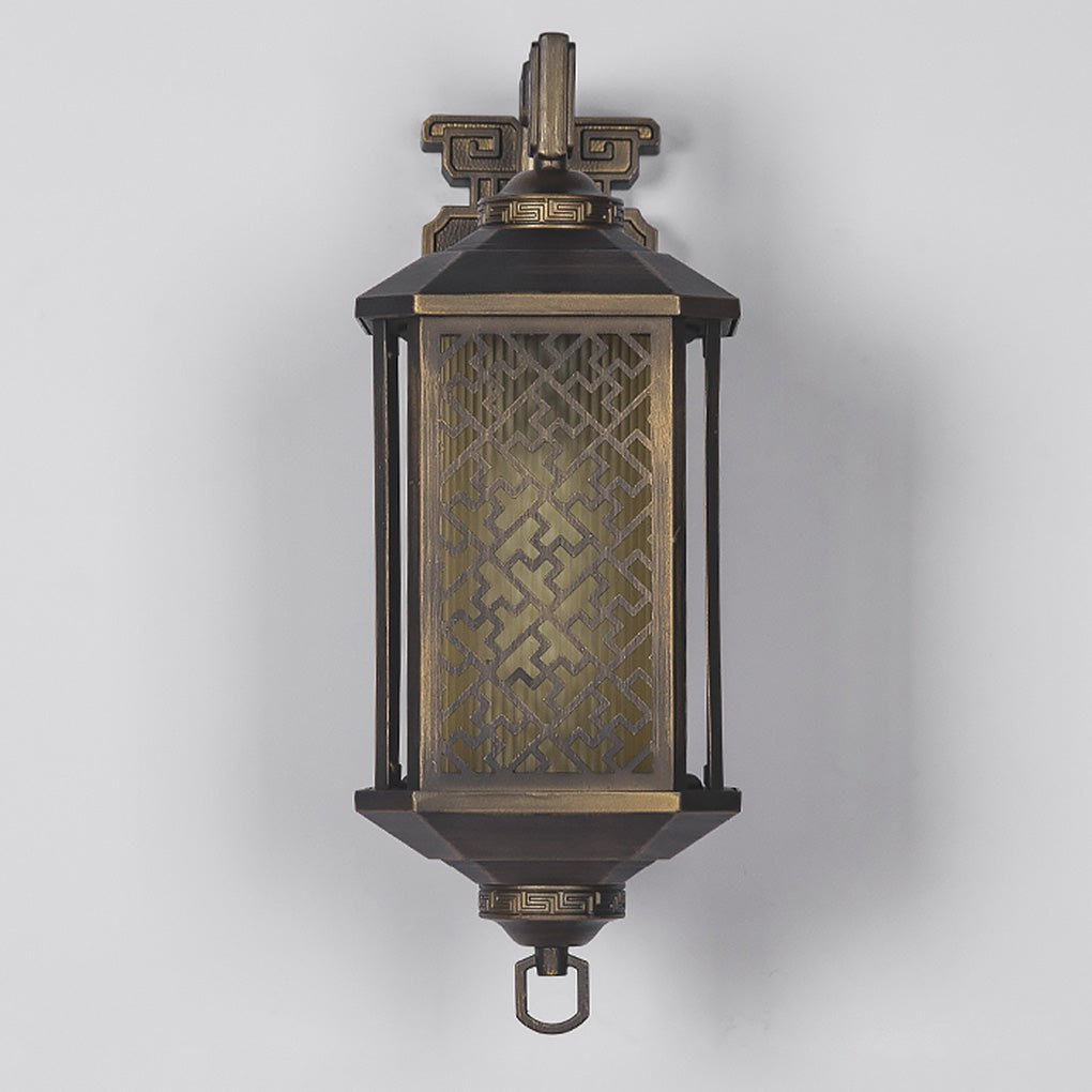 Vintage Style Copper Outdoor Wall Lantern Waterproof IP54 Exterior Light with Classical Hollow Pattern