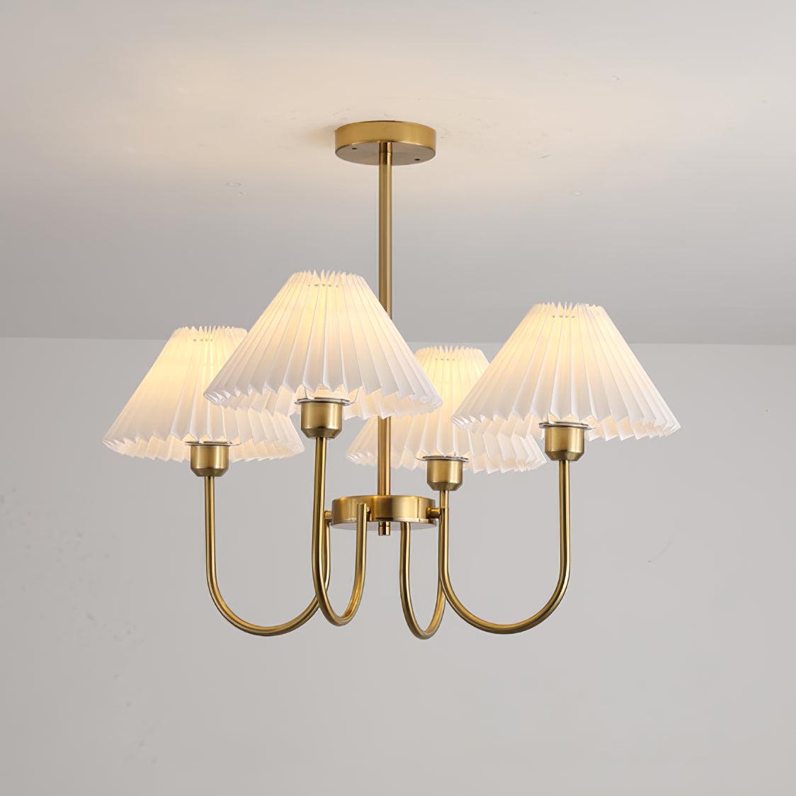 Vintage Style Pleated Linen Shade Chandelier with Gold Metal Arms and Elegant Candlestick Fixtures