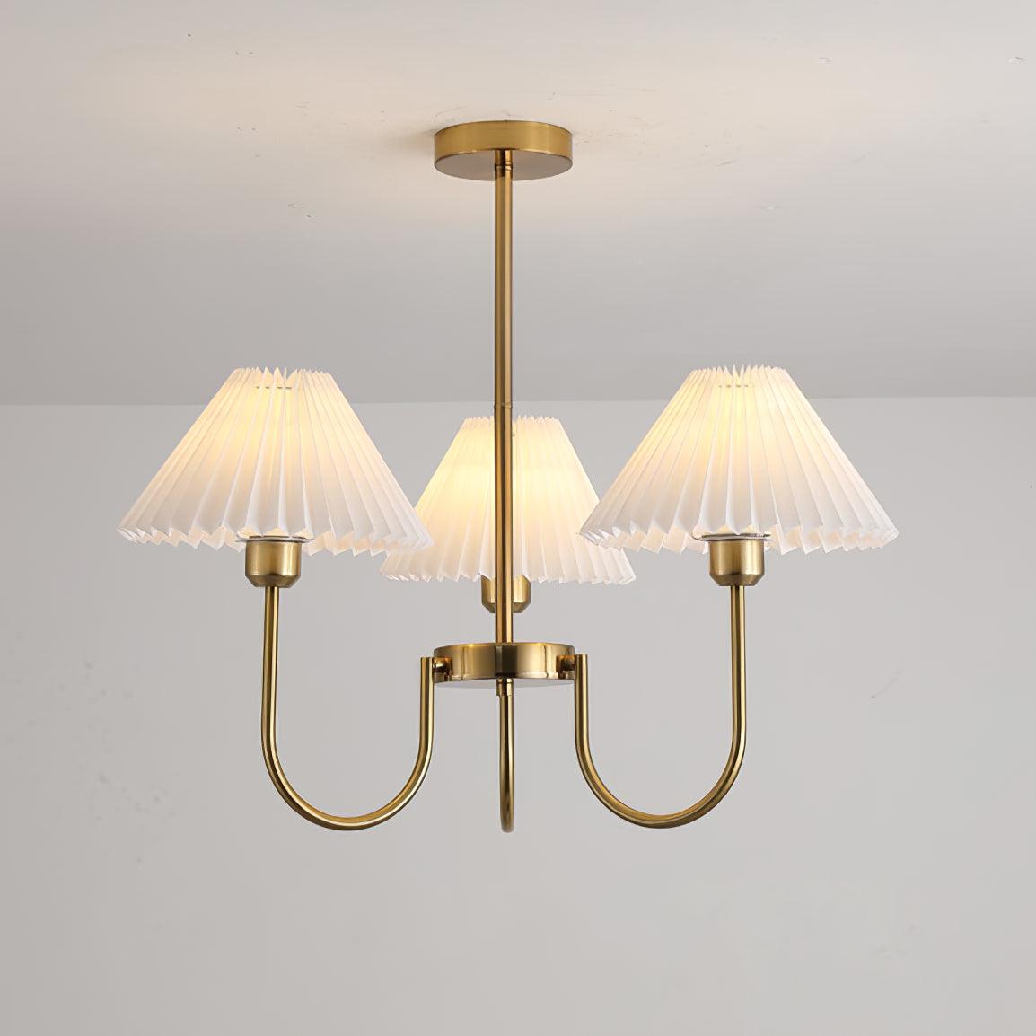 Vintage Style Pleated Linen Shade Chandelier with Gold Metal Arms and Elegant Candlestick Fixtures