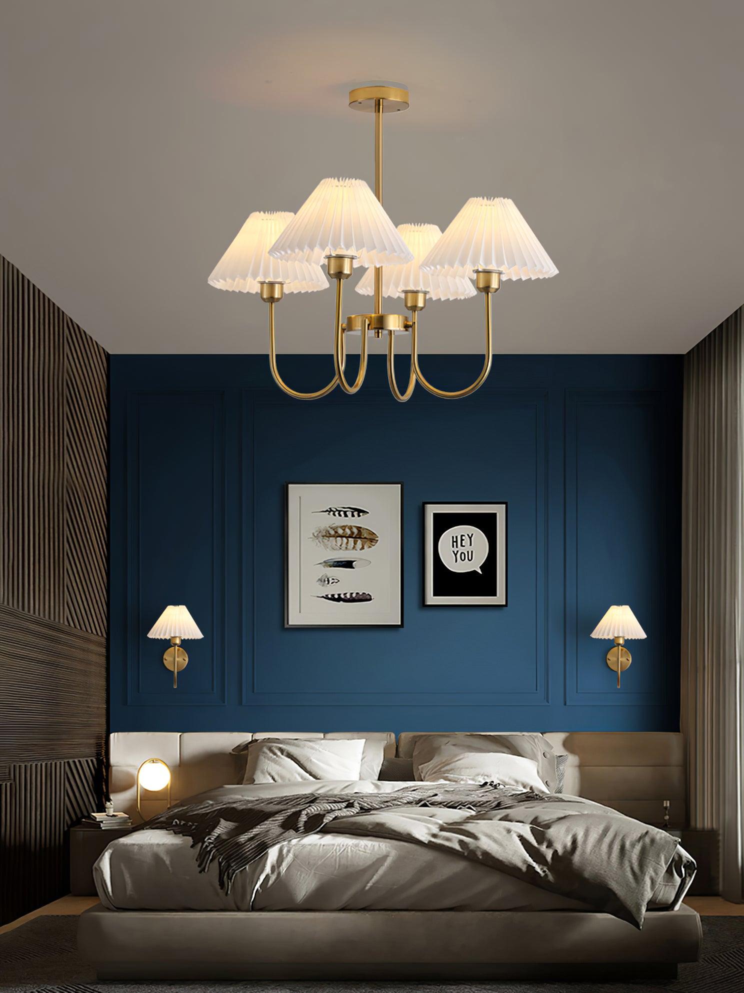 Vintage Style Pleated Linen Shade Chandelier with Gold Metal Arms and Elegant Candlestick Fixtures