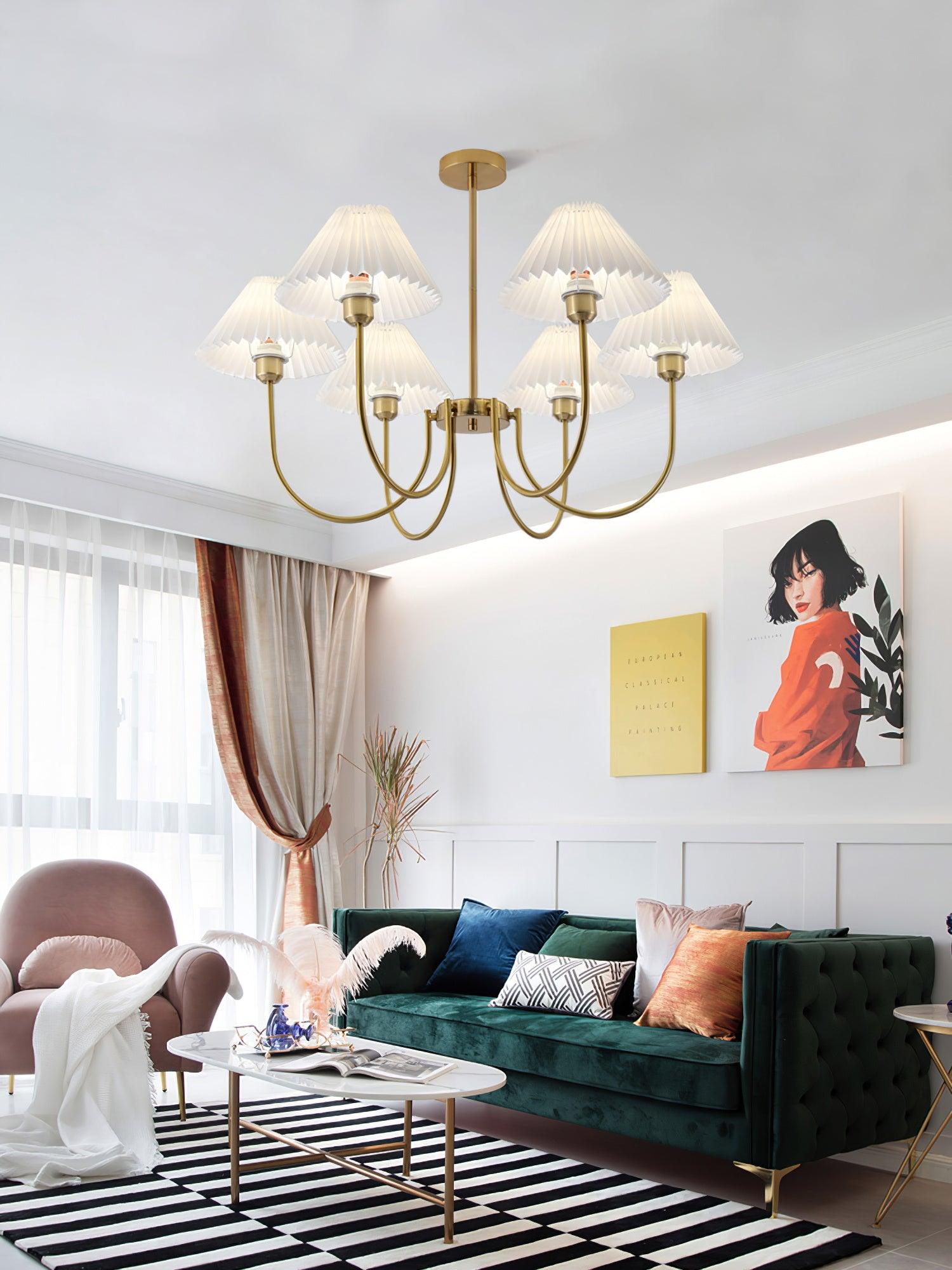 Vintage Style Pleated Linen Shade Chandelier with Gold Metal Arms and Elegant Candlestick Fixtures