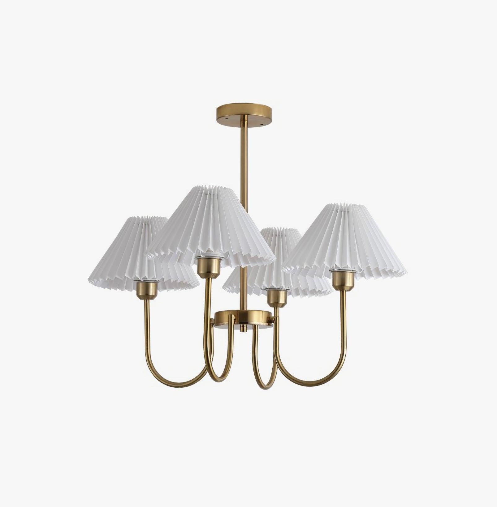 Vintage Style Pleated Linen Shade Chandelier with Gold Metal Arms and Elegant Candlestick Fixtures