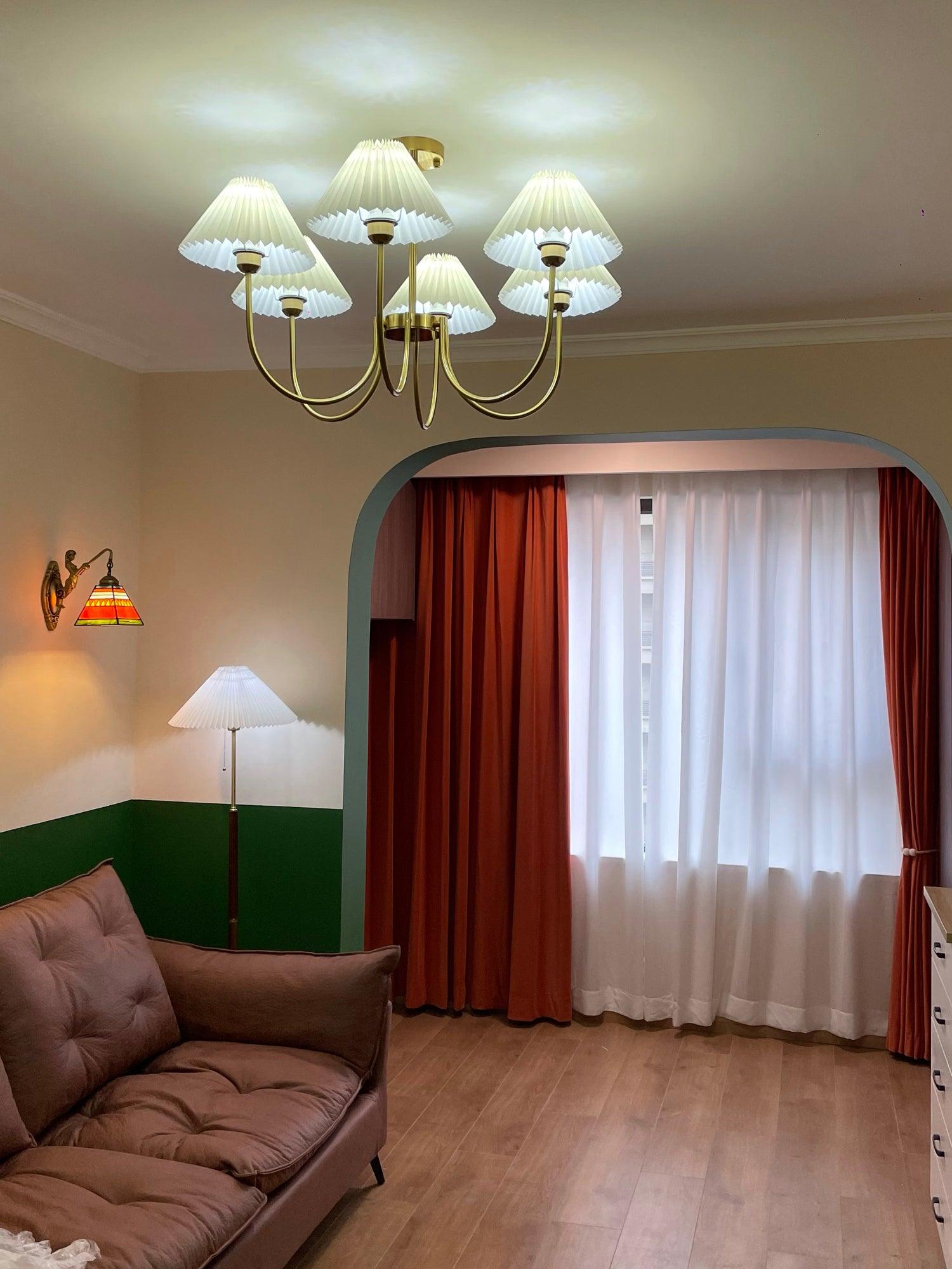 Vintage Style Pleated Linen Shade Chandelier with Gold Metal Arms and Elegant Candlestick Fixtures