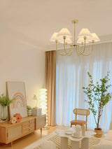 Vintage Style Pleated Linen Shade Chandelier with Gold Metal Arms and Elegant Candlestick Fixtures