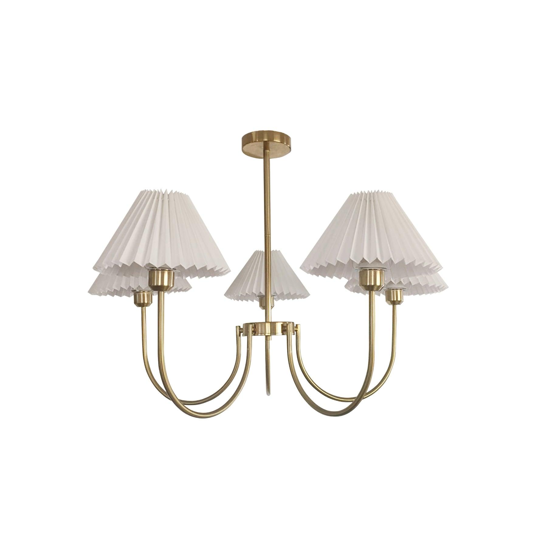 Vintage Style Pleated Linen Shade Chandelier with Gold Metal Arms and Elegant Candlestick Fixtures