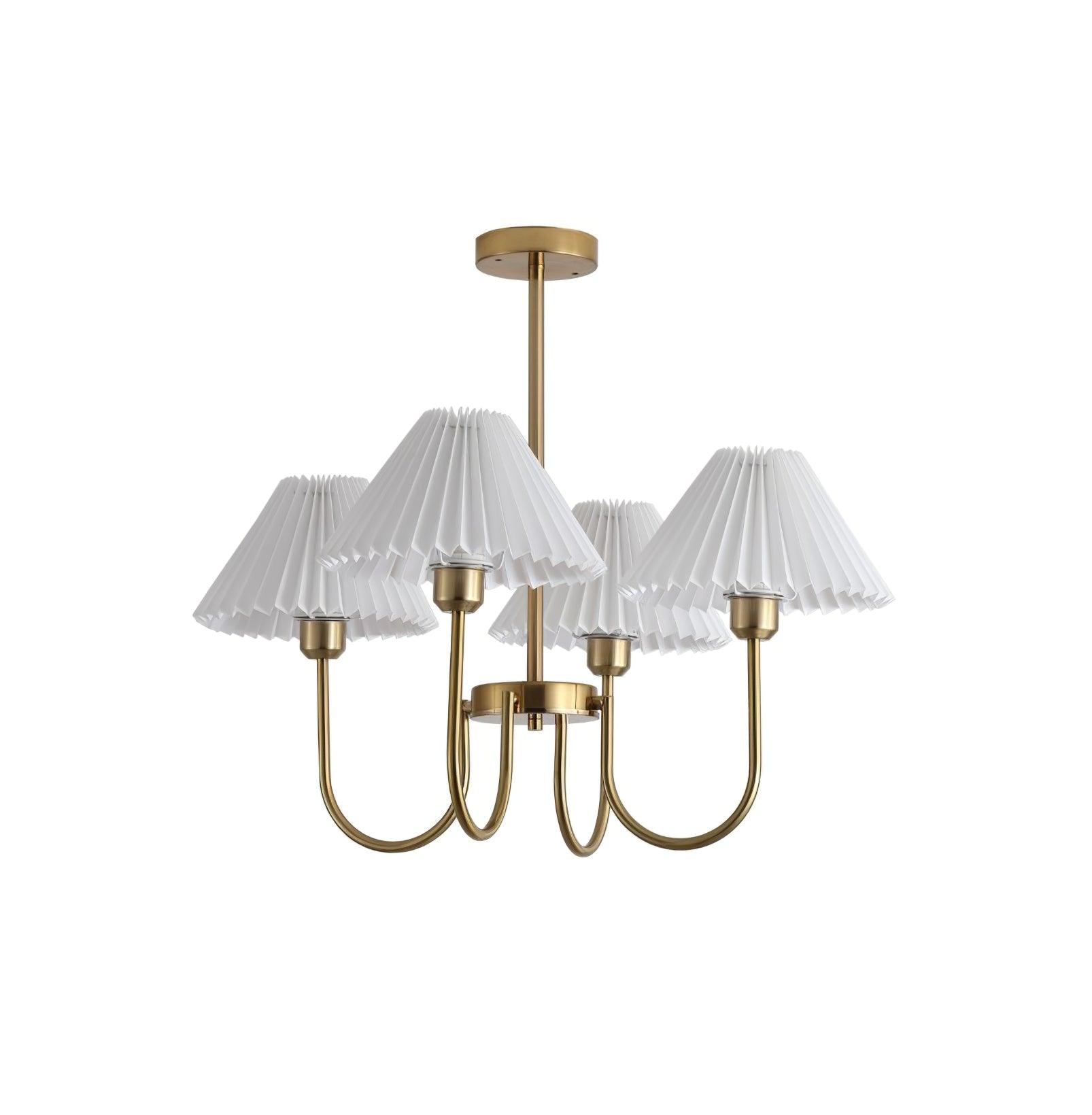 Vintage Style Pleated Linen Shade Chandelier with Gold Metal Arms and Elegant Candlestick Fixtures