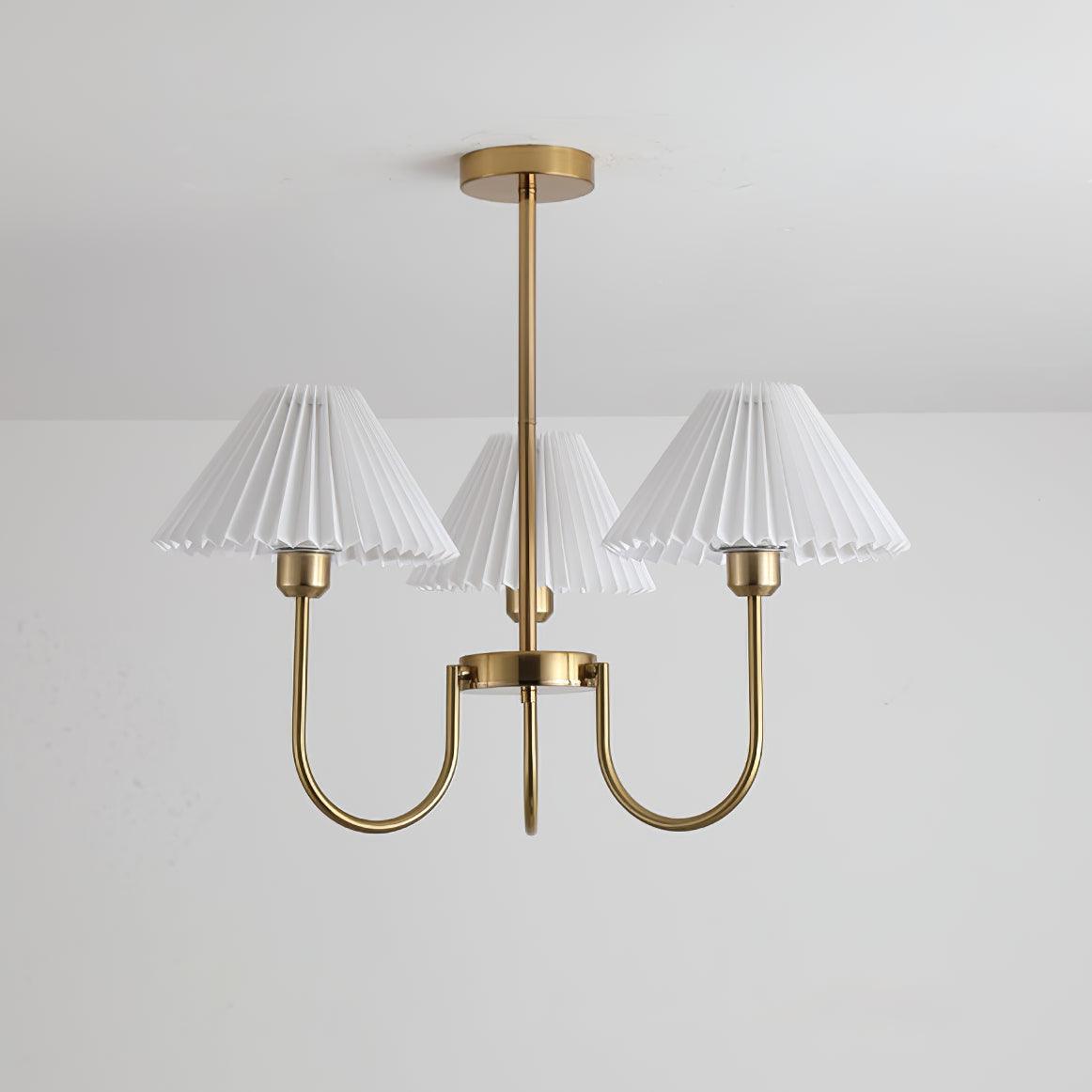 Vintage Style Pleated Linen Shade Chandelier with Gold Metal Arms and Elegant Candlestick Fixtures