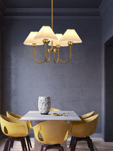 Vintage Style Pleated Linen Shade Chandelier with Gold Metal Arms and Elegant Candlestick Fixtures