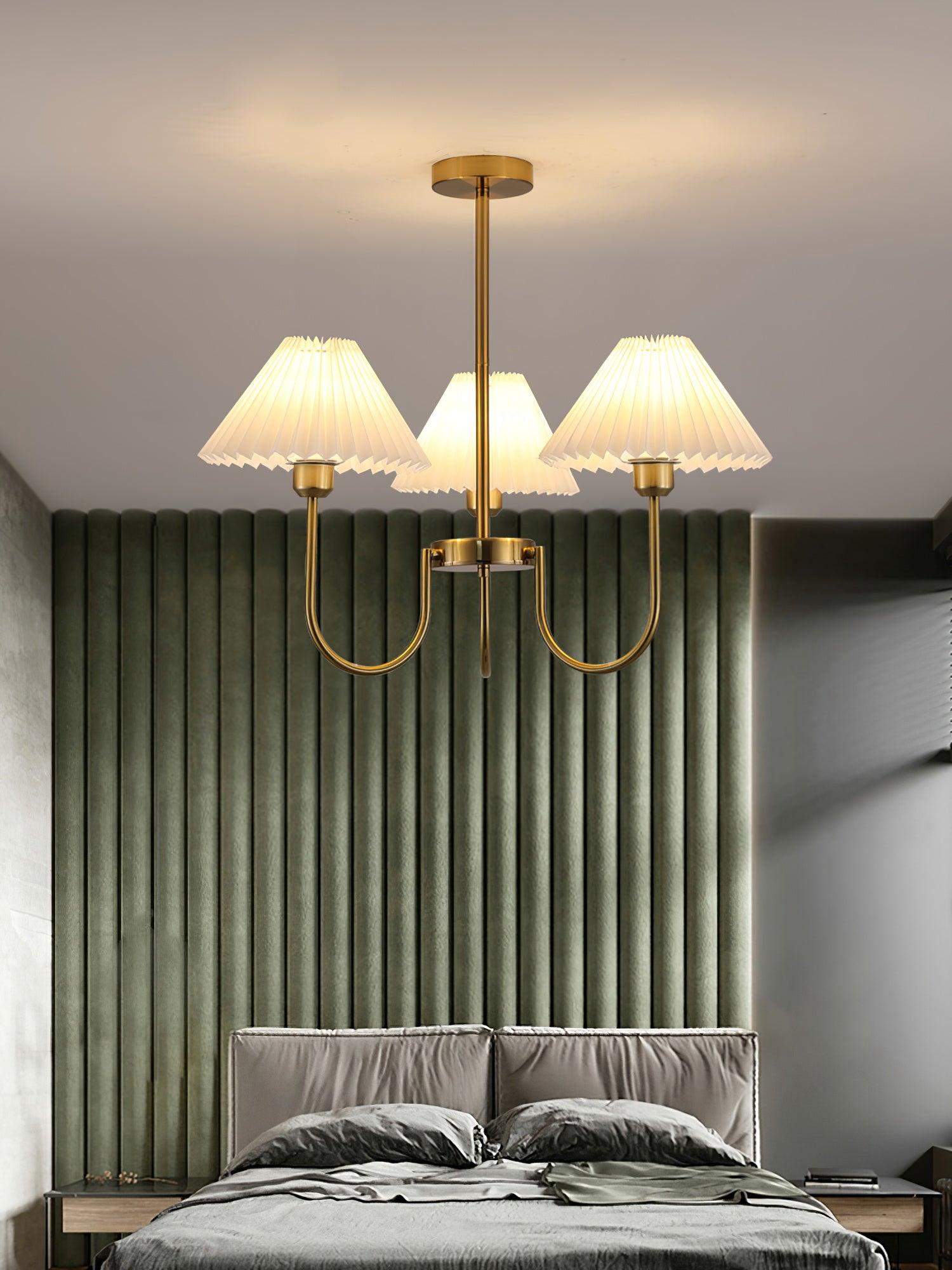 Vintage Style Pleated Linen Shade Chandelier with Gold Metal Arms and Elegant Candlestick Fixtures