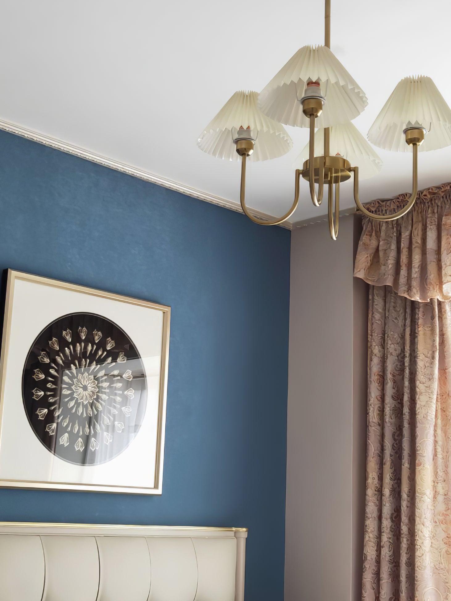 Vintage Style Pleated Linen Shade Chandelier with Gold Metal Arms and Elegant Candlestick Fixtures