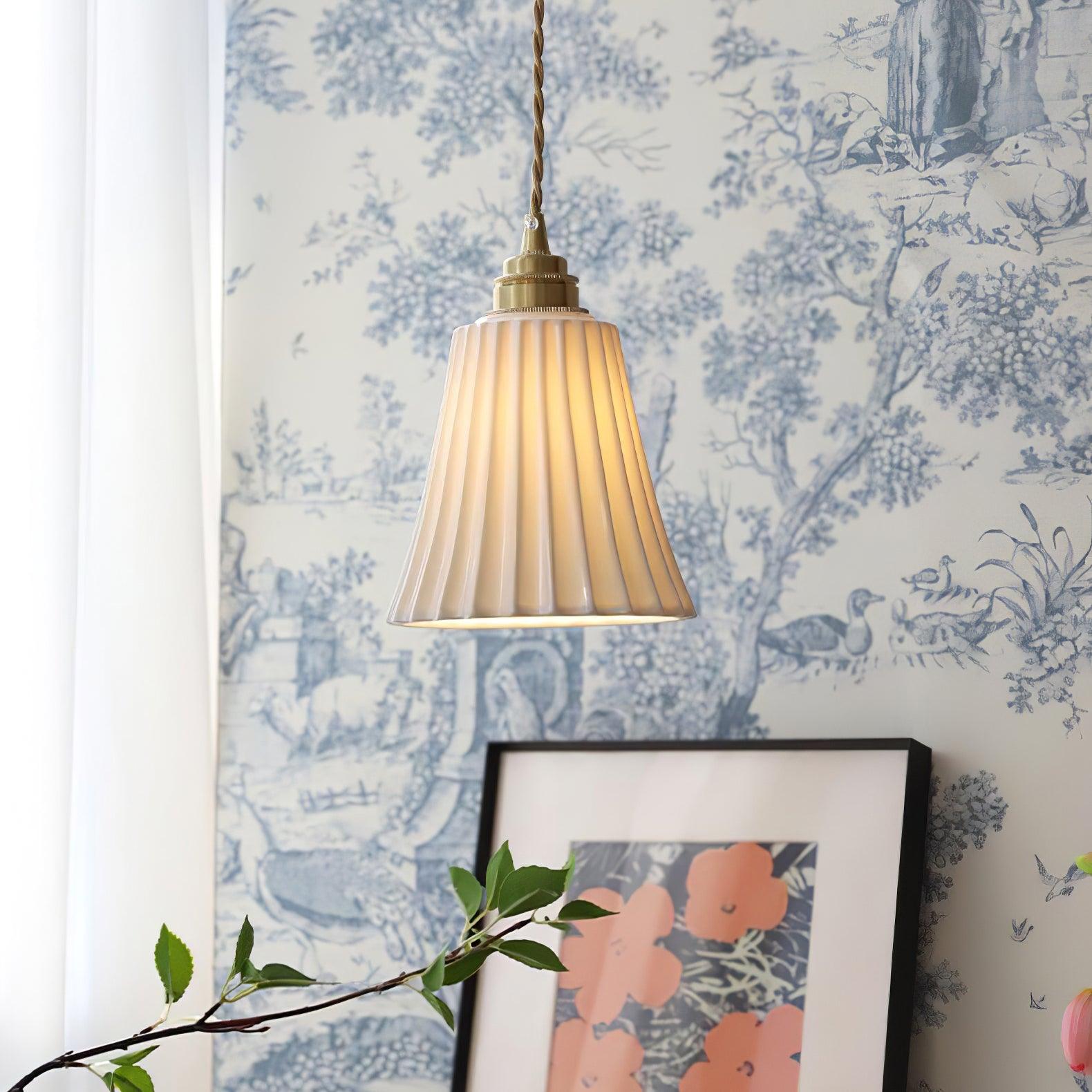Vintage Trumpet Ceramic Pendant Light Brass Mid Century Modern Hanging Lamp