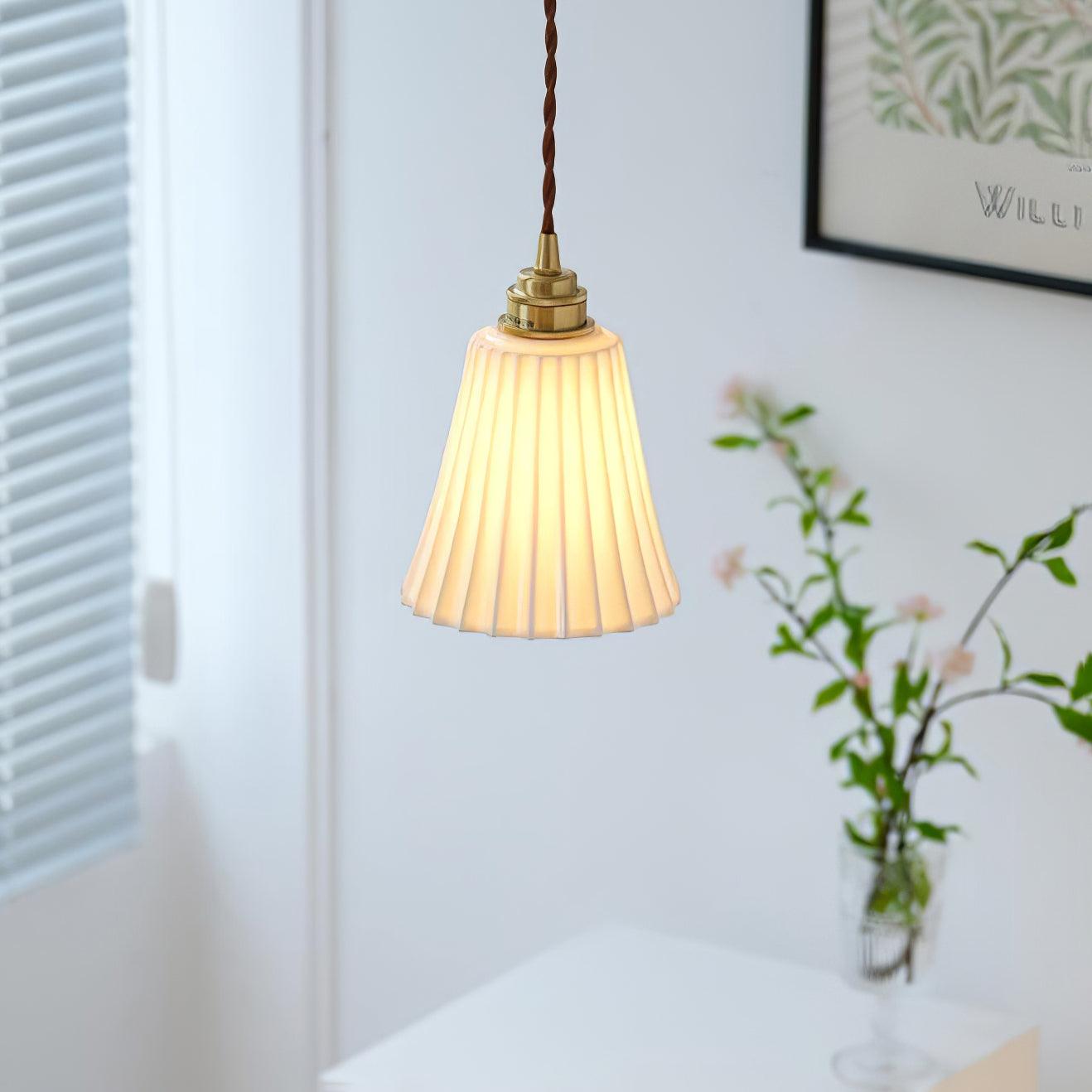 Vintage Trumpet Ceramic Pendant Light Brass Mid Century Modern Hanging Lamp