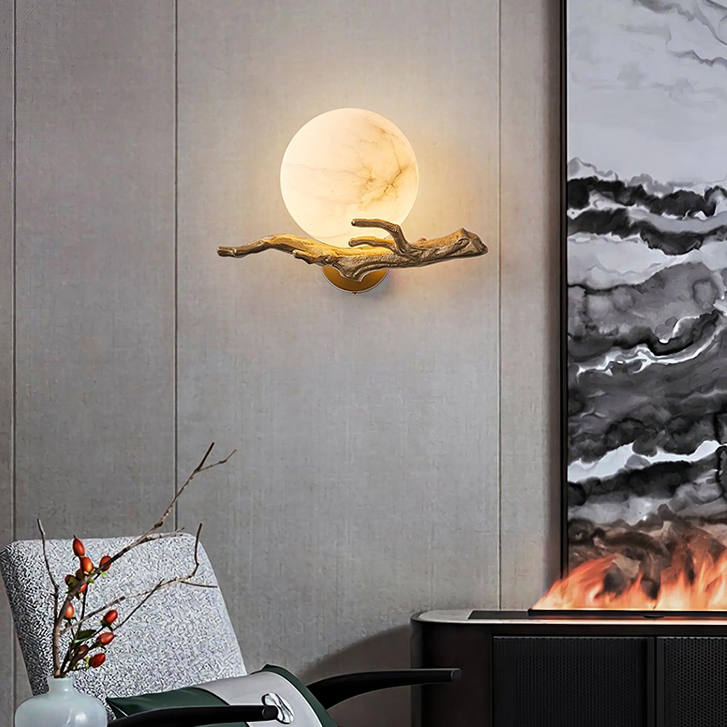 Vintage Twigs Brass Wall Lamp with Marble Shade Indoor Sconce Light