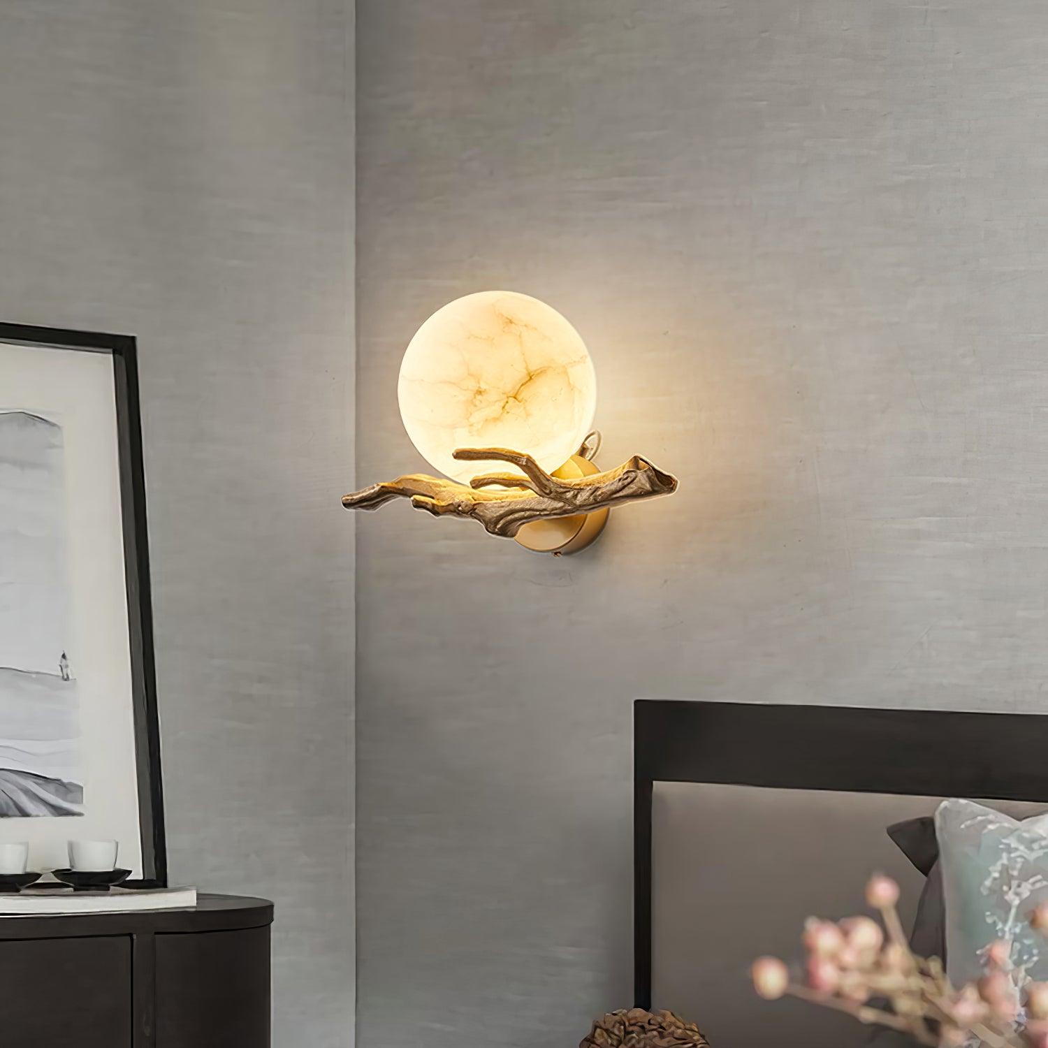 Vintage Twigs Brass Wall Lamp with Marble Shade Indoor Sconce Light