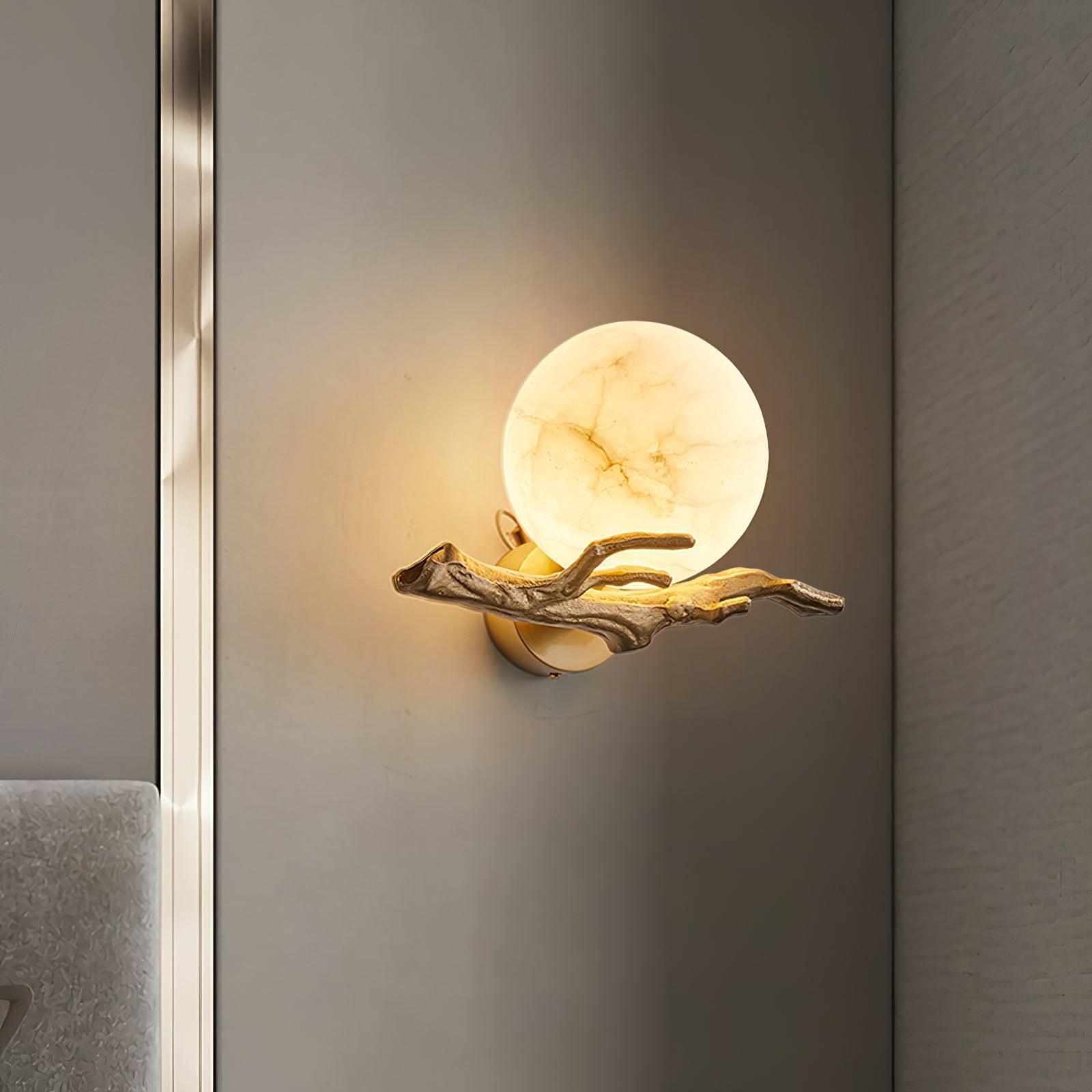 Vintage Twigs Brass Wall Lamp with Marble Shade Indoor Sconce Light