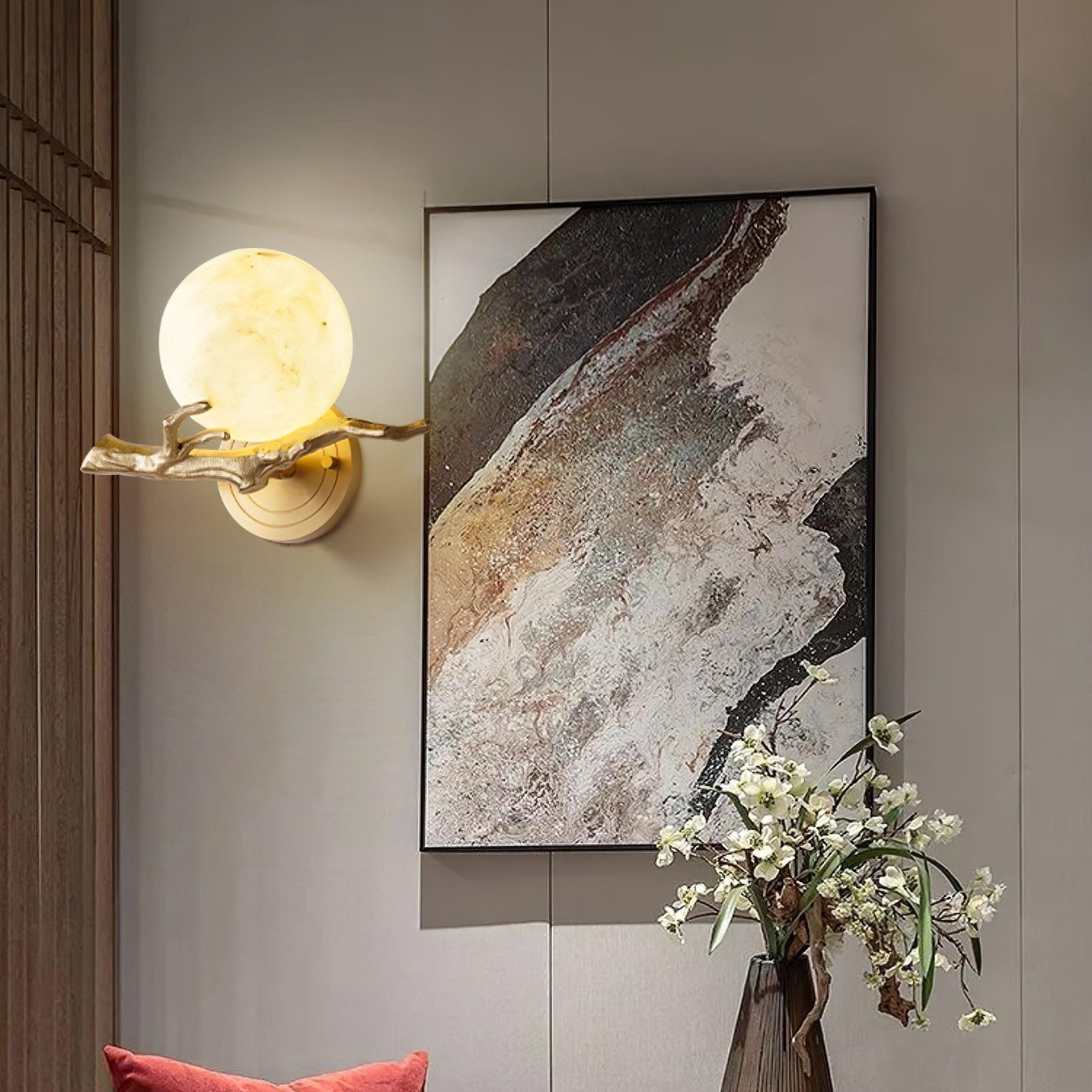 Vintage Twigs Brass Wall Lamp with Marble Shade Indoor Sconce Light