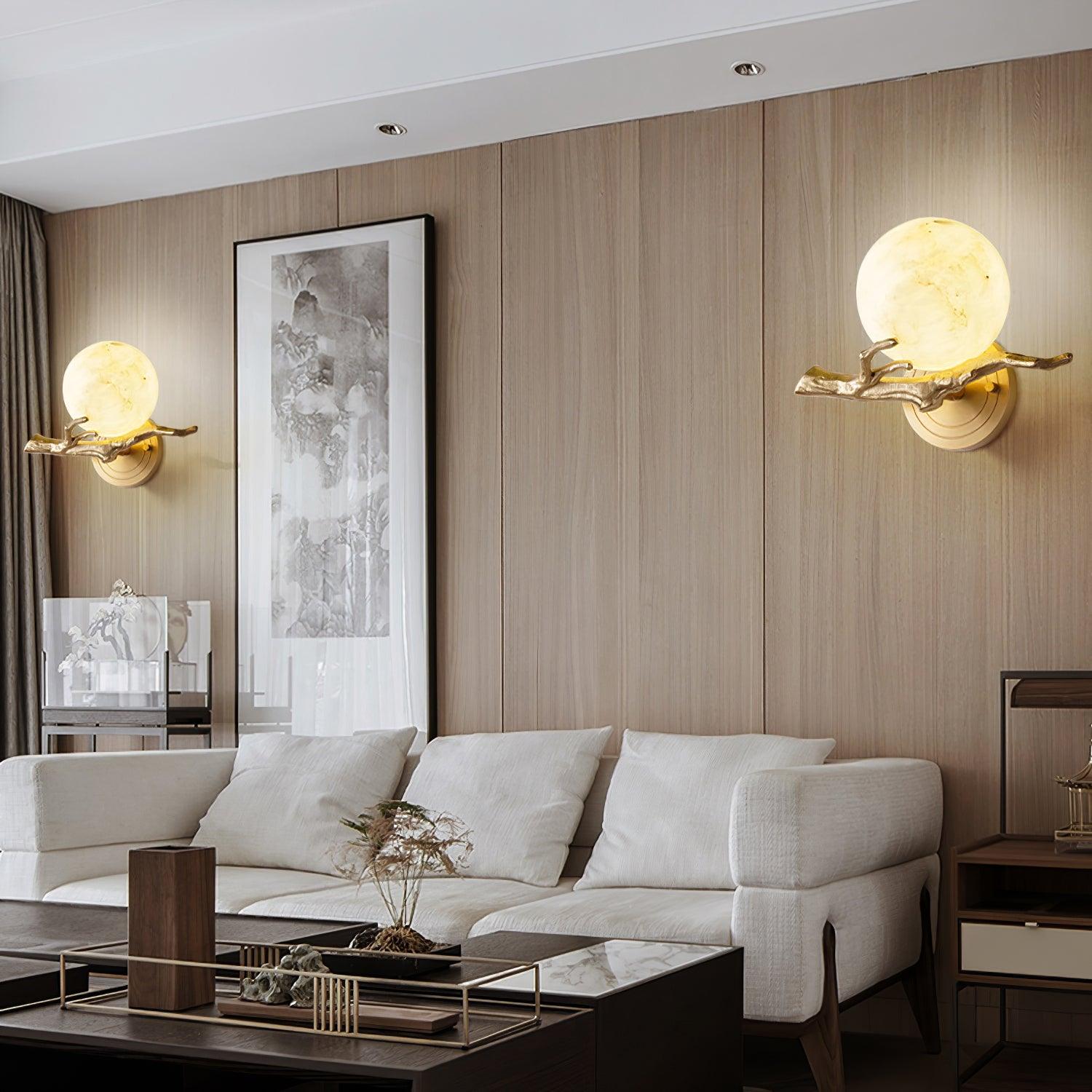 Vintage Twigs Brass Wall Lamp with Marble Shade Indoor Sconce Light