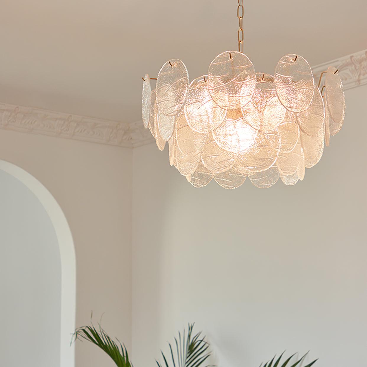 Vintage Victorian Disc Gasolier Ceiling Light with Clear Wavy Glass and Gold Metal Finish