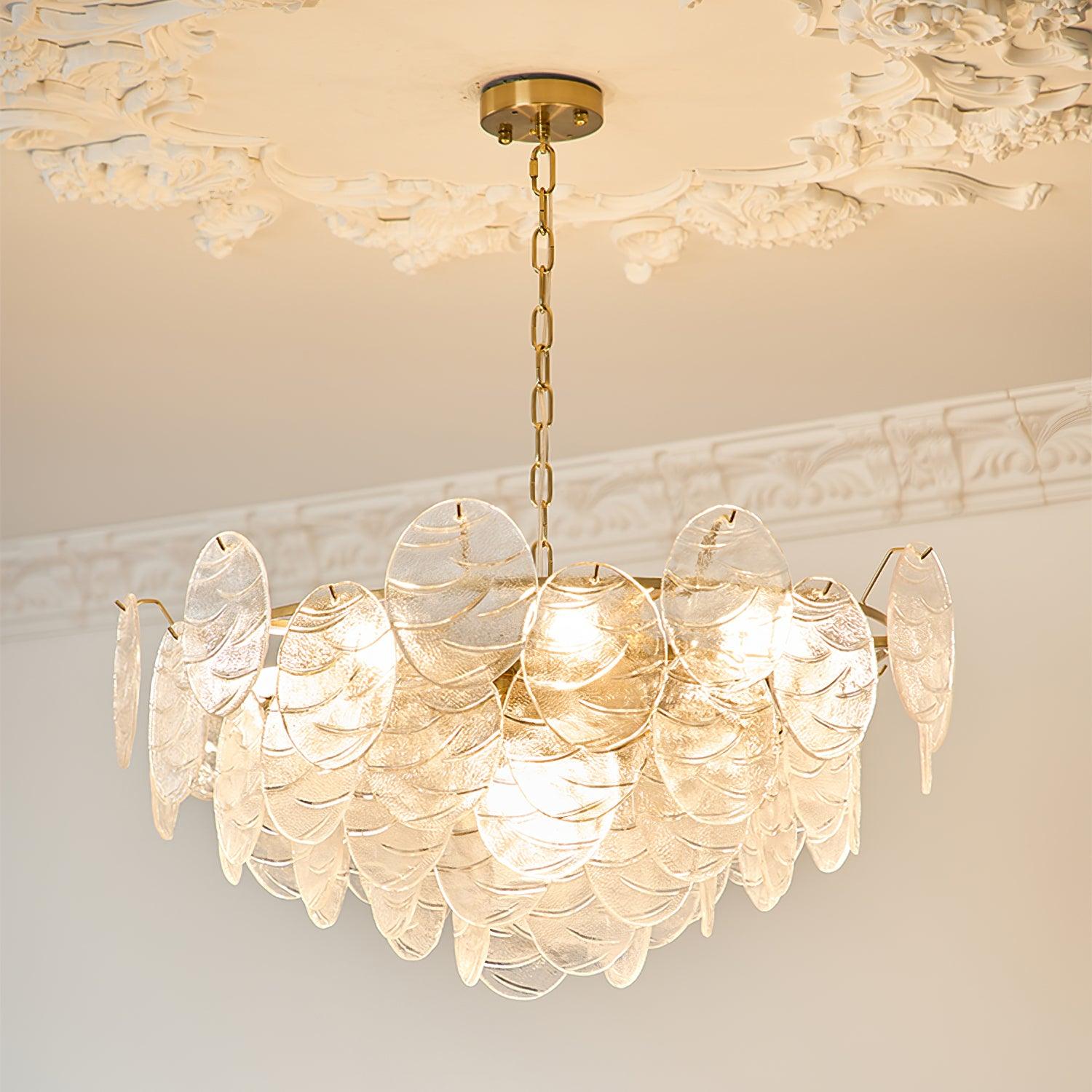 Vintage Victorian Disc Gasolier Ceiling Light with Clear Wavy Glass and Gold Metal Finish