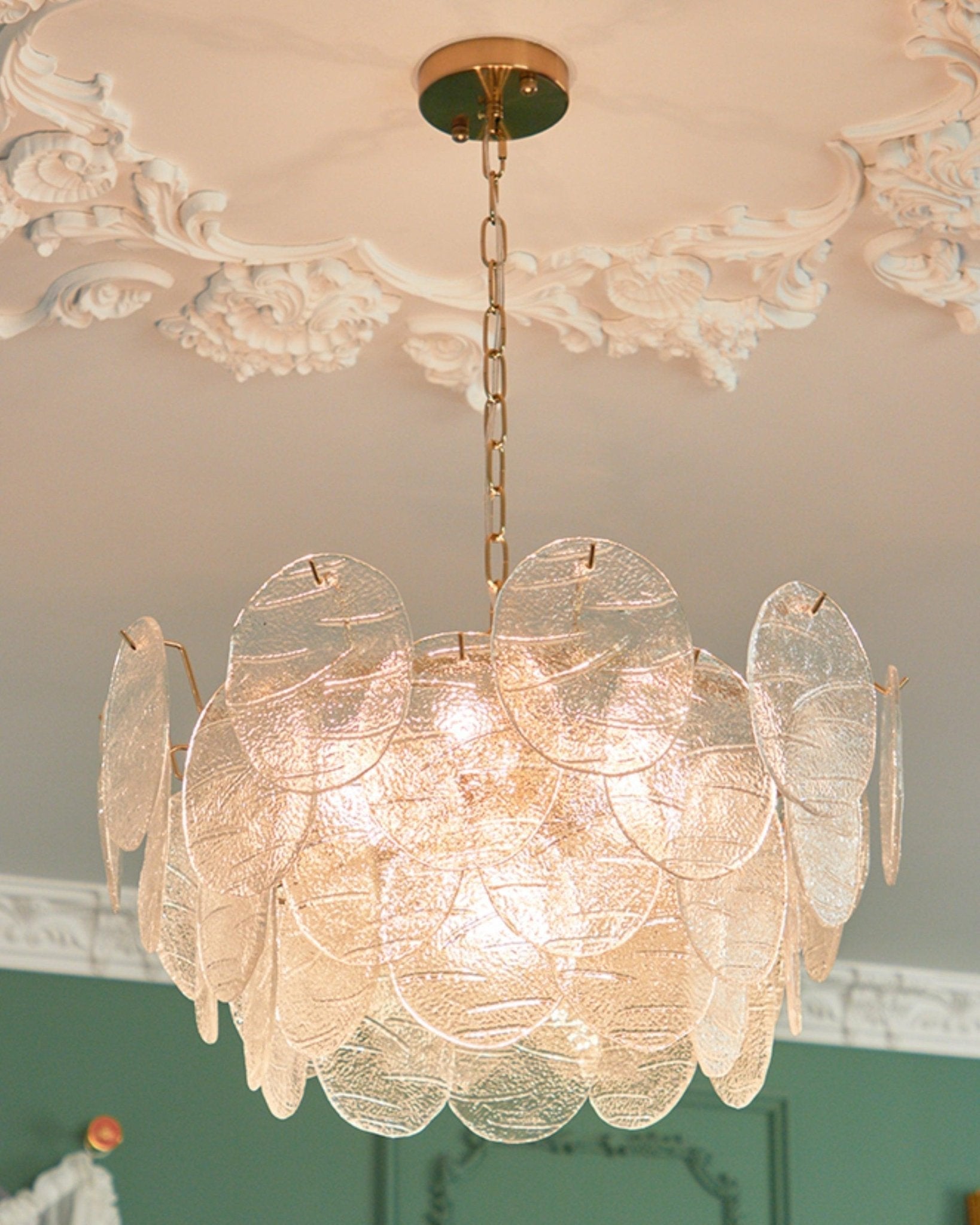 Vintage Victorian Disc Gasolier Ceiling Light with Clear Wavy Glass and Gold Metal Finish