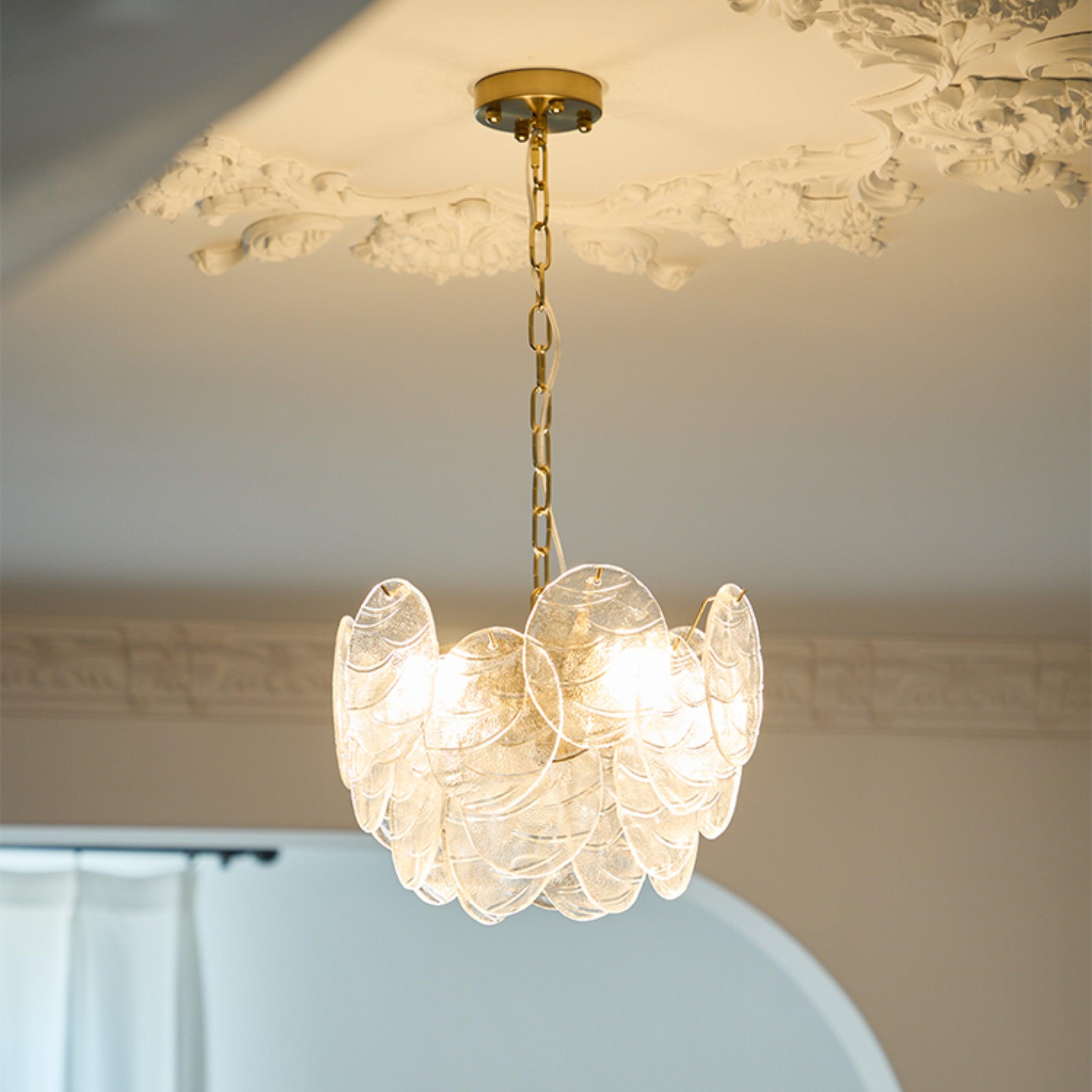 Vintage Victorian Disc Gasolier Ceiling Light with Clear Wavy Glass and Gold Metal Finish