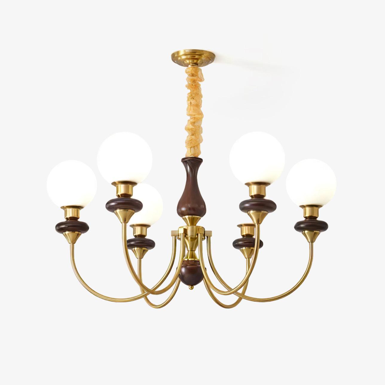 Vintage Walnut Wood and Solid Brass Gasolier Chandelier Retro Glass Globe Pendant Light