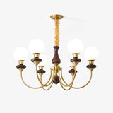 Vintage Walnut Wood and Solid Brass Gasolier Chandelier Retro Glass Globe Pendant Light