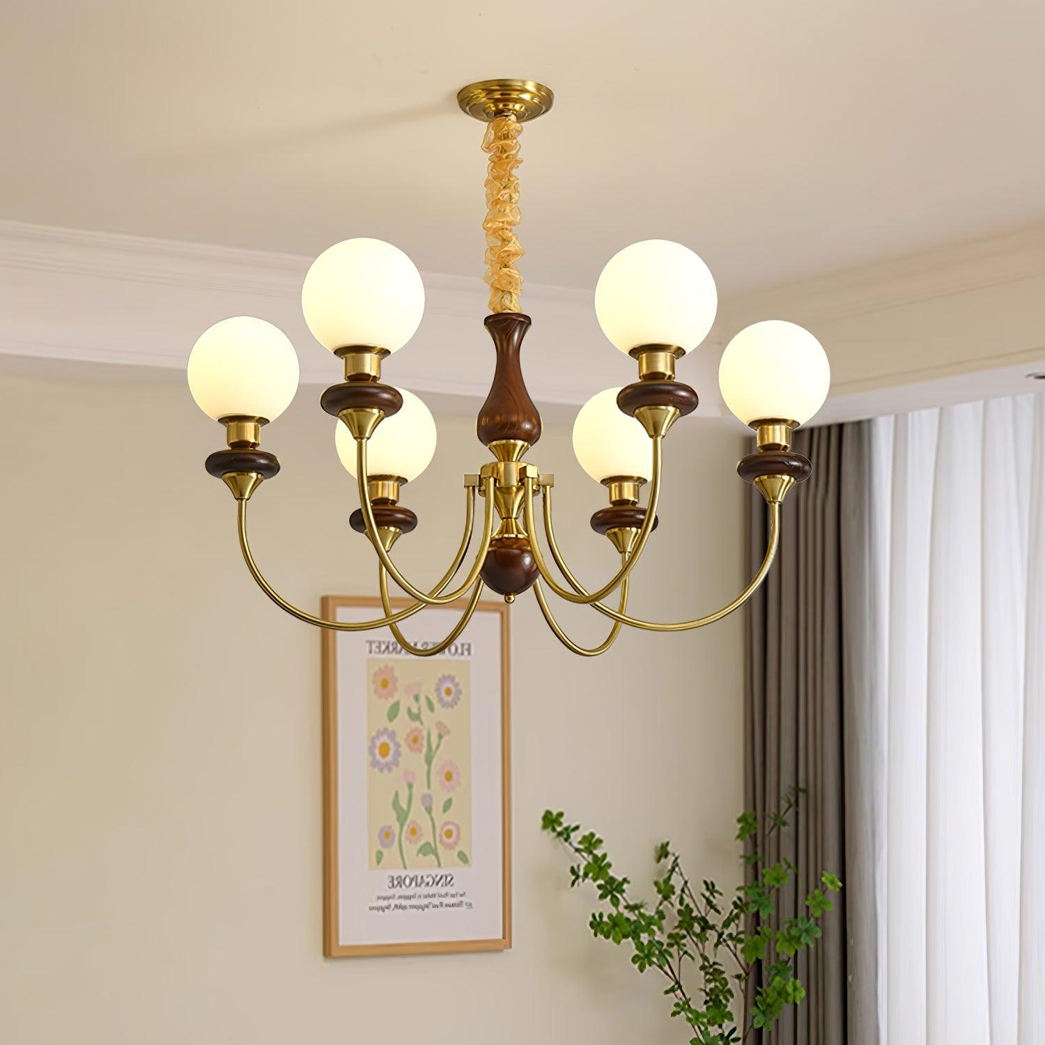 Vintage Walnut Wood and Solid Brass Gasolier Chandelier Retro Glass Globe Pendant Light