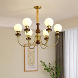 Vintage Walnut Wood and Solid Brass Gasolier Chandelier Retro Glass Globe Pendant Light