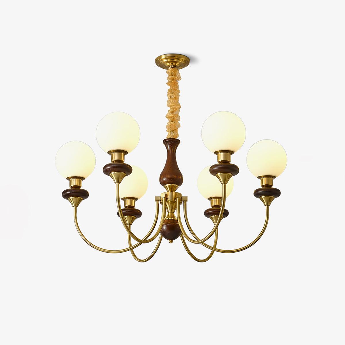 Vintage Walnut Wood and Solid Brass Gasolier Chandelier Retro Glass Globe Pendant Light