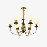 Vintage Walnut Wood and Solid Brass Gasolier Chandelier Retro Glass Globe Pendant Light