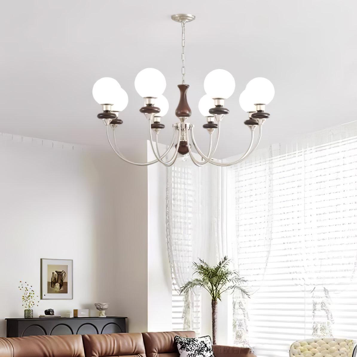 Vintage Walnut Wood and Solid Brass Gasolier Chandelier Retro Glass Globe Pendant Light