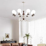 Vintage Walnut Wood and Solid Brass Gasolier Chandelier Retro Glass Globe Pendant Light