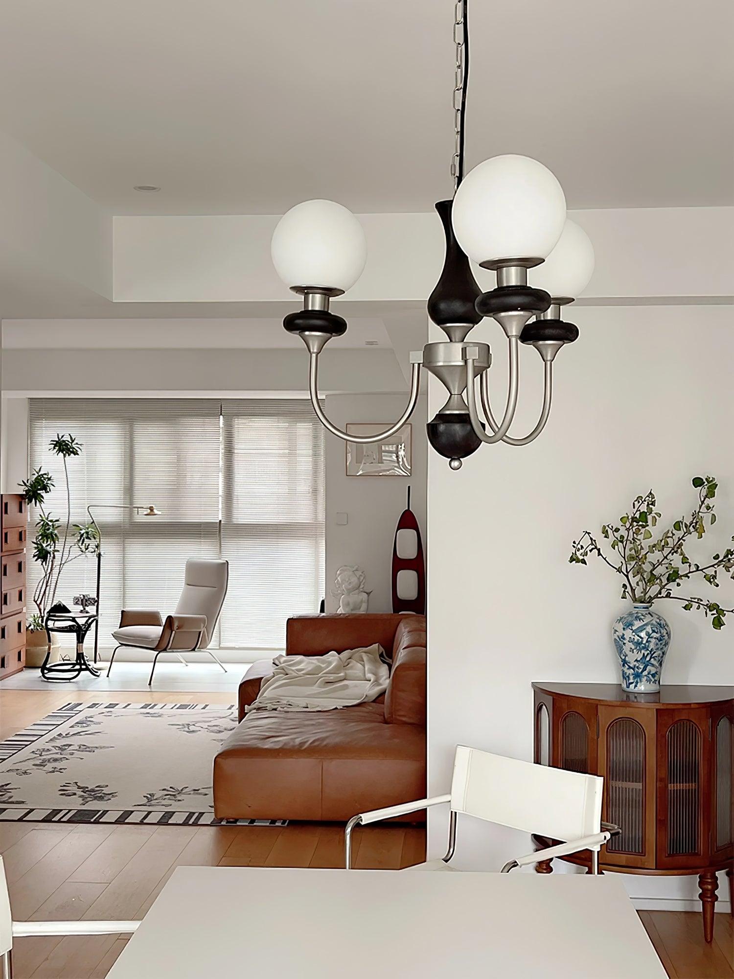 Vintage Walnut Wood and Solid Brass Gasolier Chandelier Retro Glass Globe Pendant Light
