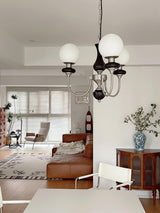 Vintage Walnut Wood and Solid Brass Gasolier Chandelier Retro Glass Globe Pendant Light