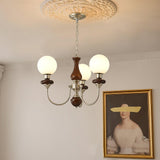 Vintage Walnut Wood and Solid Brass Gasolier Chandelier Retro Glass Globe Pendant Light
