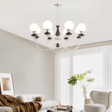 Vintage Walnut Wood and Solid Brass Gasolier Chandelier Retro Glass Globe Pendant Light