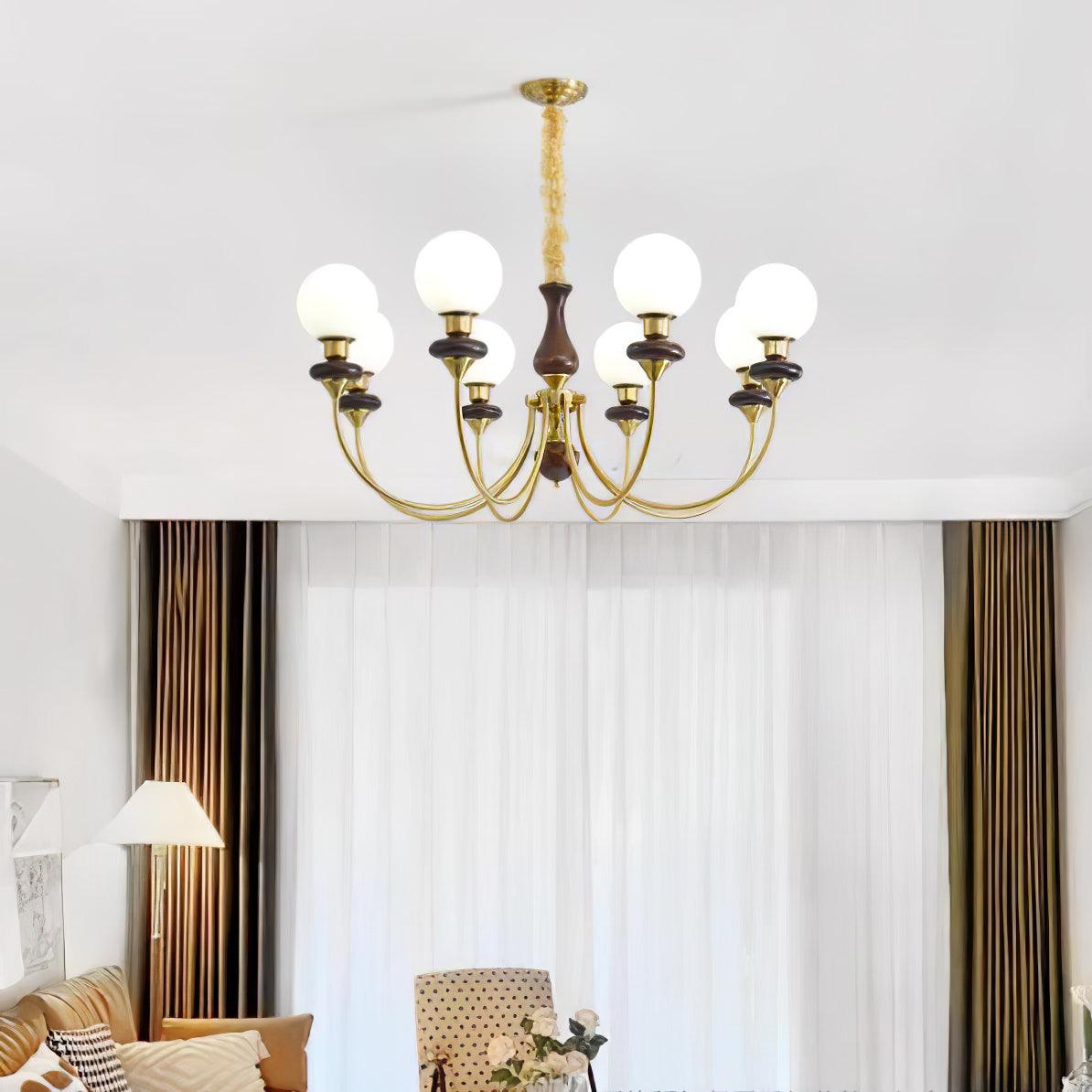 Vintage Walnut Wood and Solid Brass Gasolier Chandelier Retro Glass Globe Pendant Light