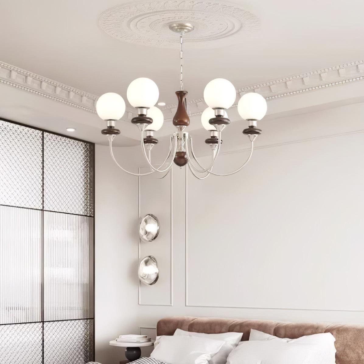Vintage Walnut Wood and Solid Brass Gasolier Chandelier Retro Glass Globe Pendant Light